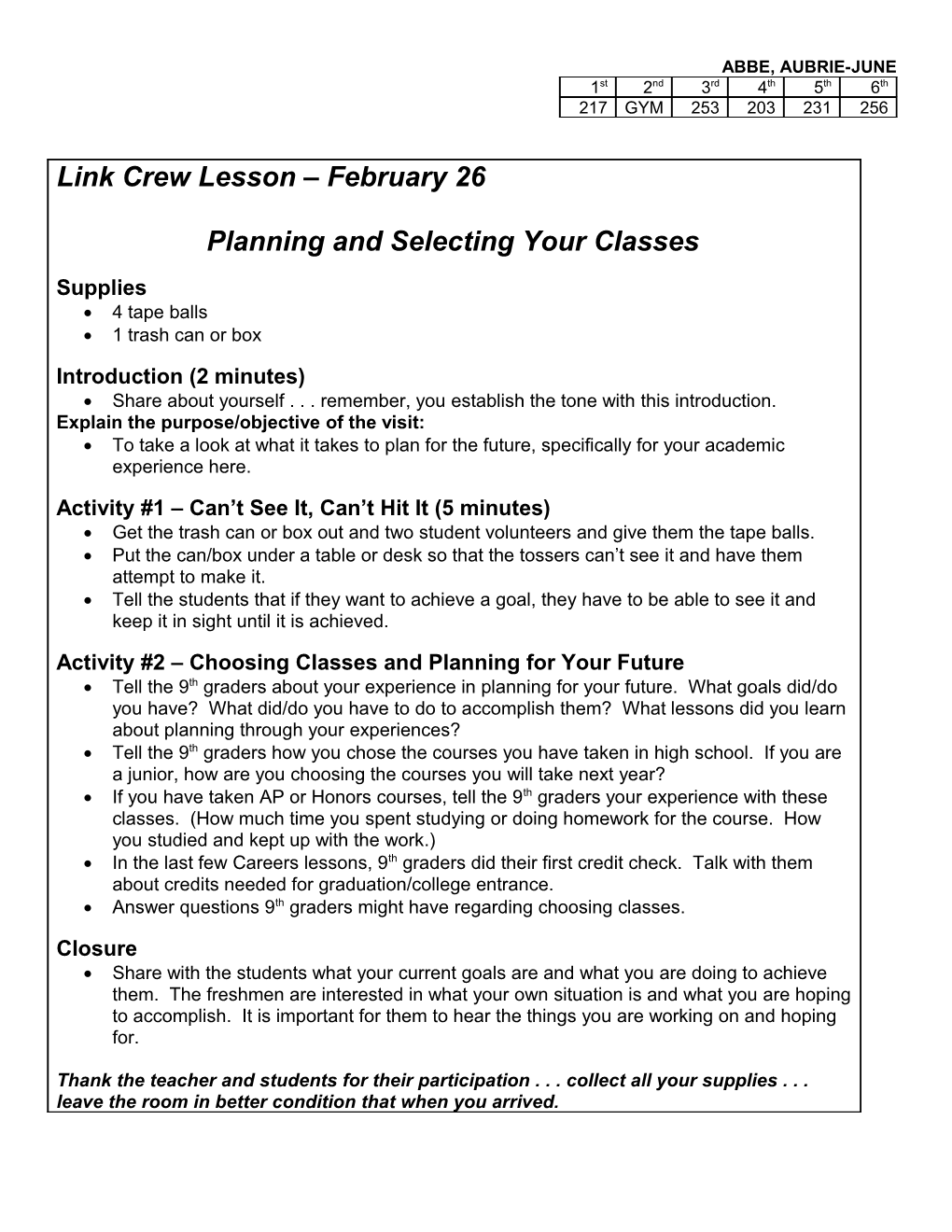 Link Crew Lesson February 26