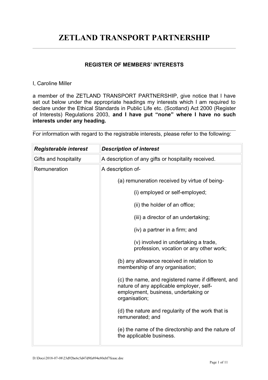 Register of Members Interests