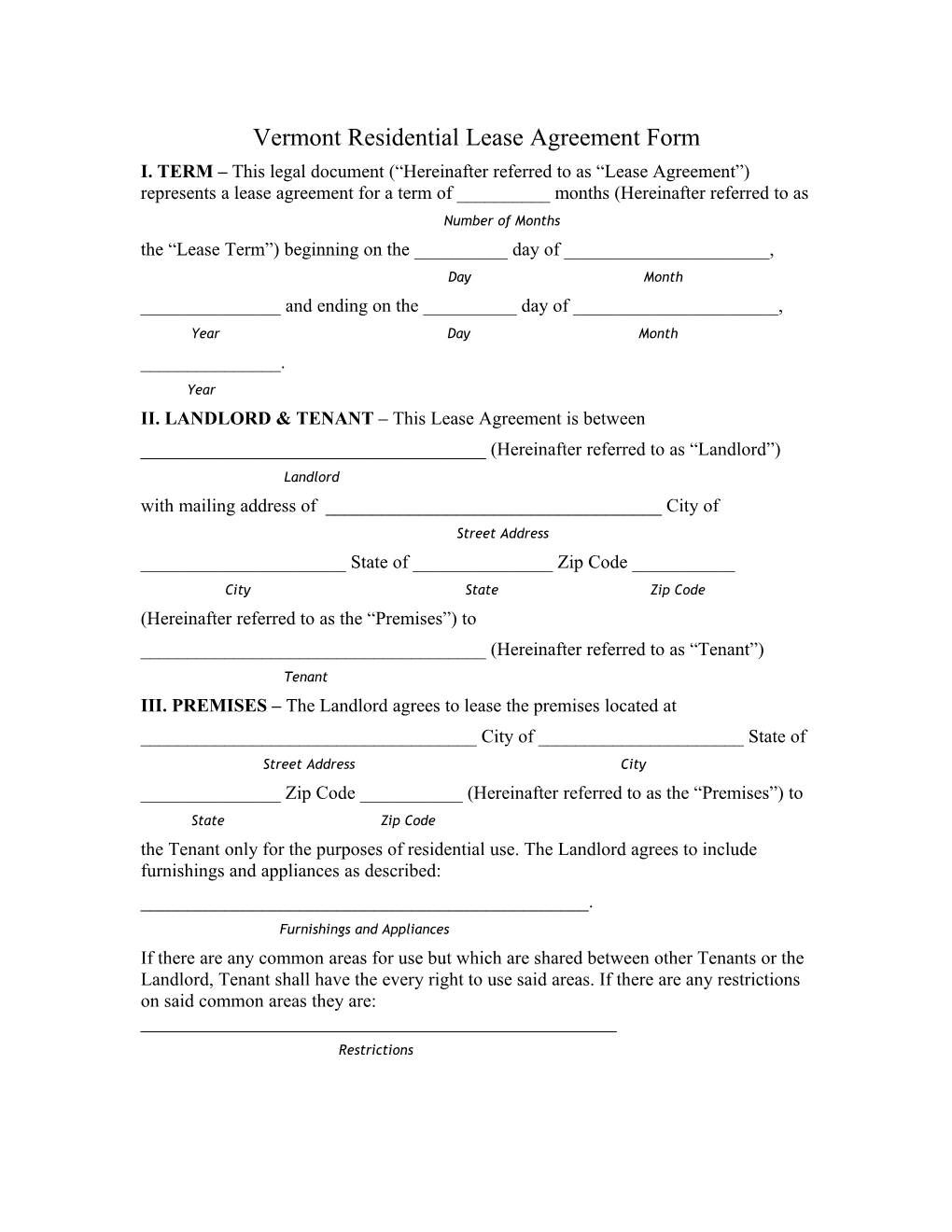 Vermont Residential Lease Agreement Form