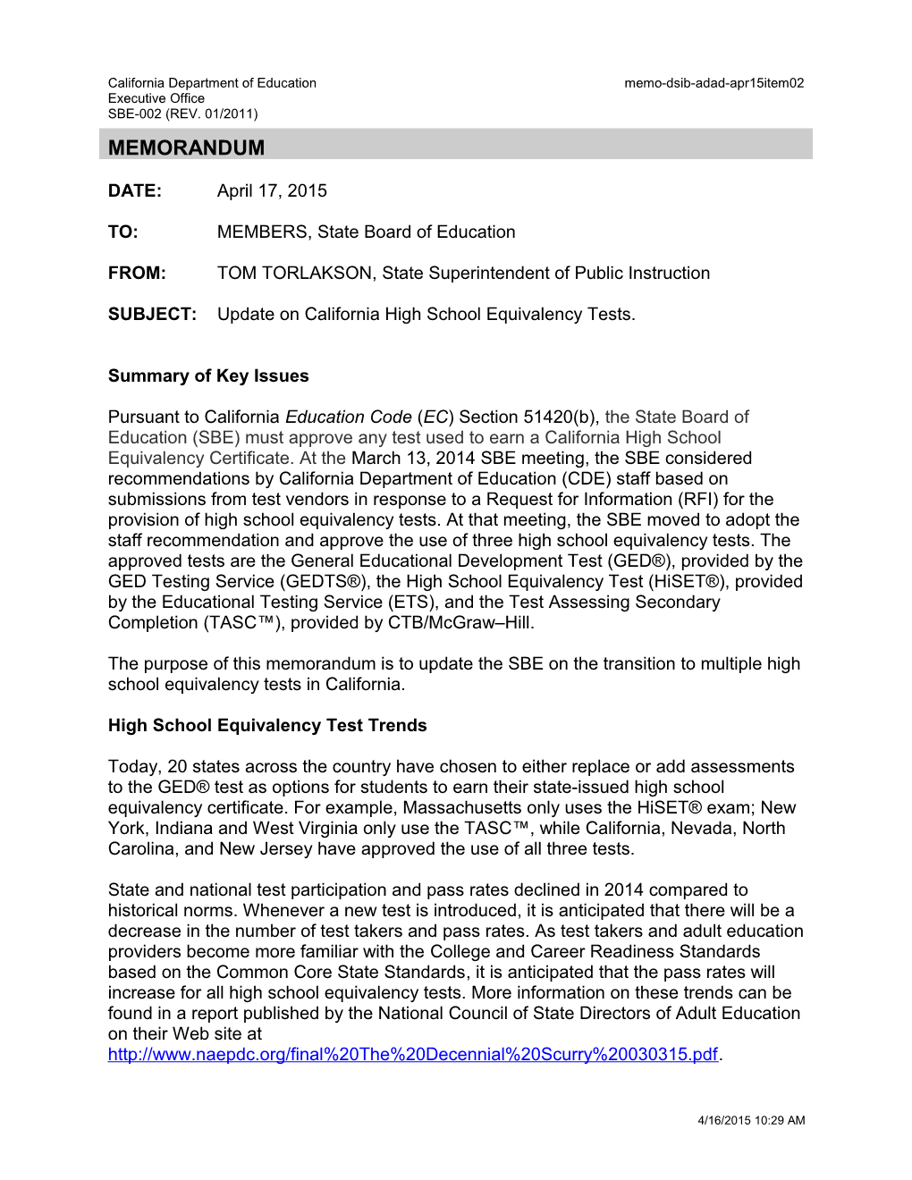 April 2015 Memorandum Item X - Information Memorandum (CA State Board of Education)