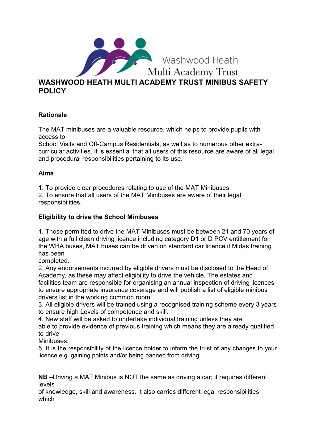 Washwood Heath Multi Academy Trust Minibus Safety Policy