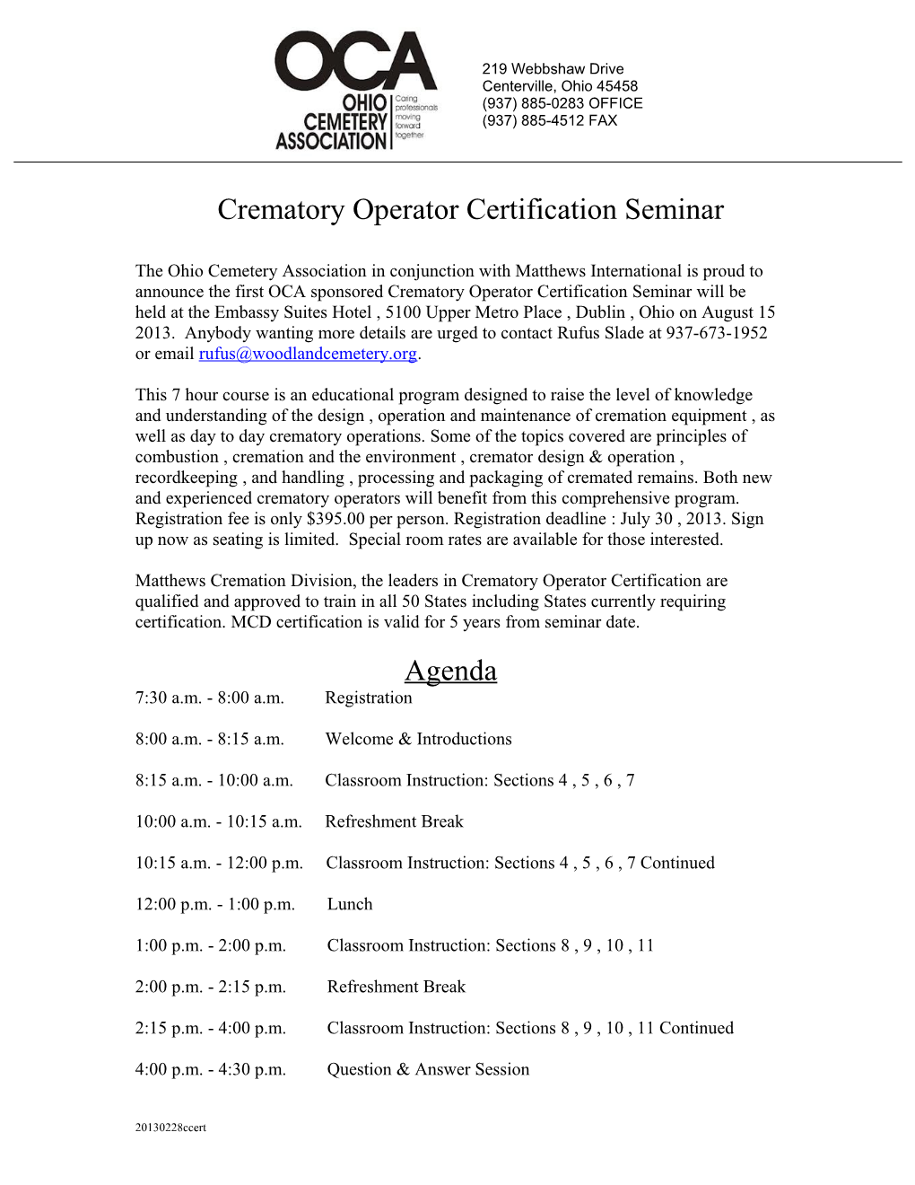 Crematory Operator Certification Seminar