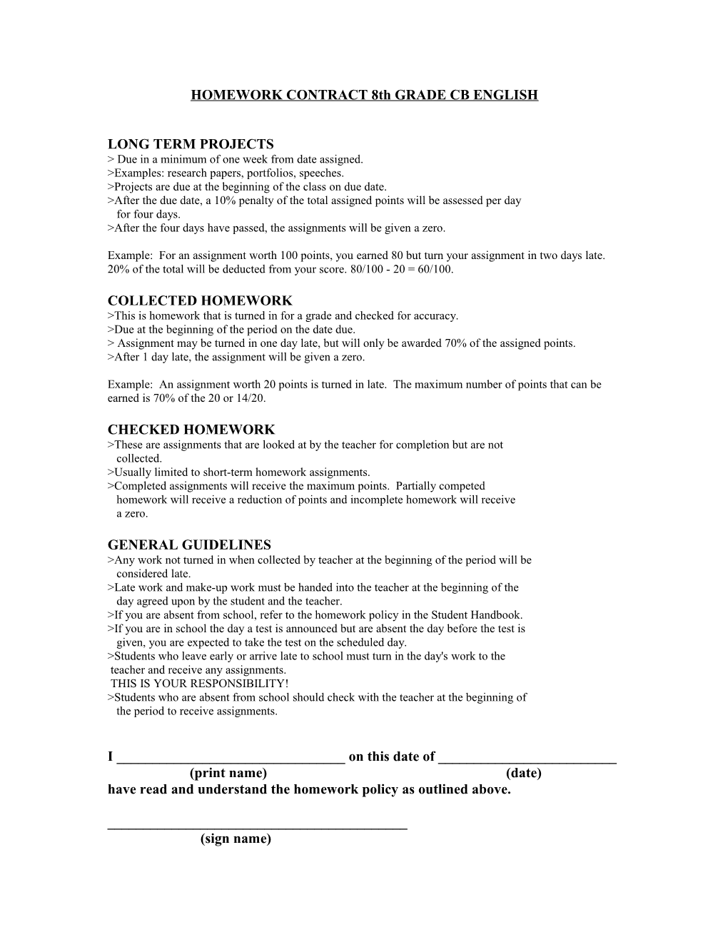 HOMEWORK CONTRACT 8Th GRADE CB ENGLISH