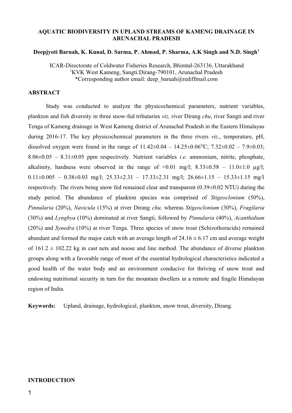 Aquatic Biodiversity in Upland Streams of Kameng Drainage in Arunachal Pradesh