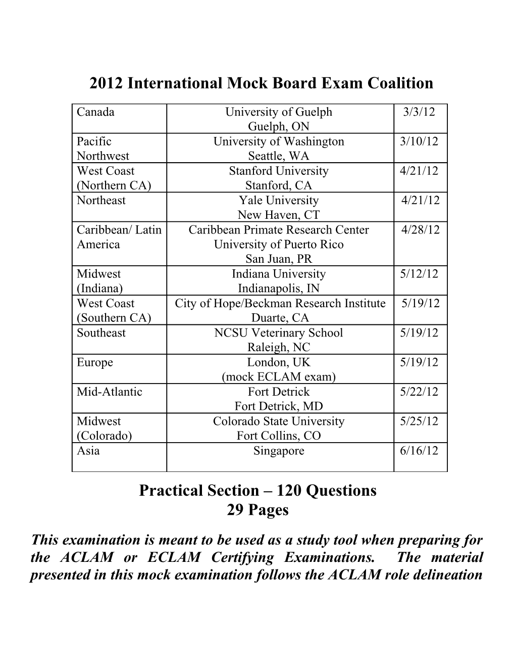 2012 International Mock Board Exam Coalition