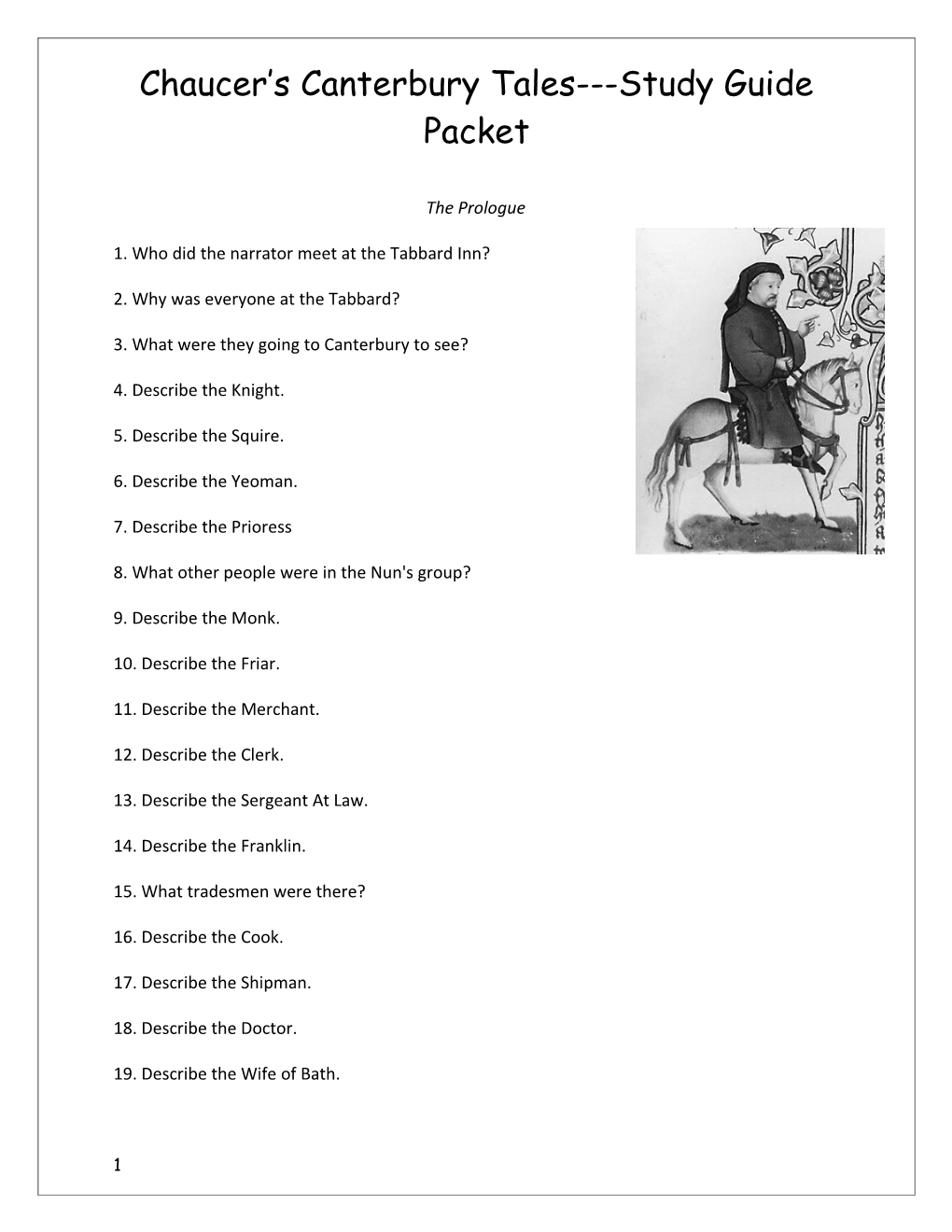 Chaucer S Canterbury Tales Study Guide Packet