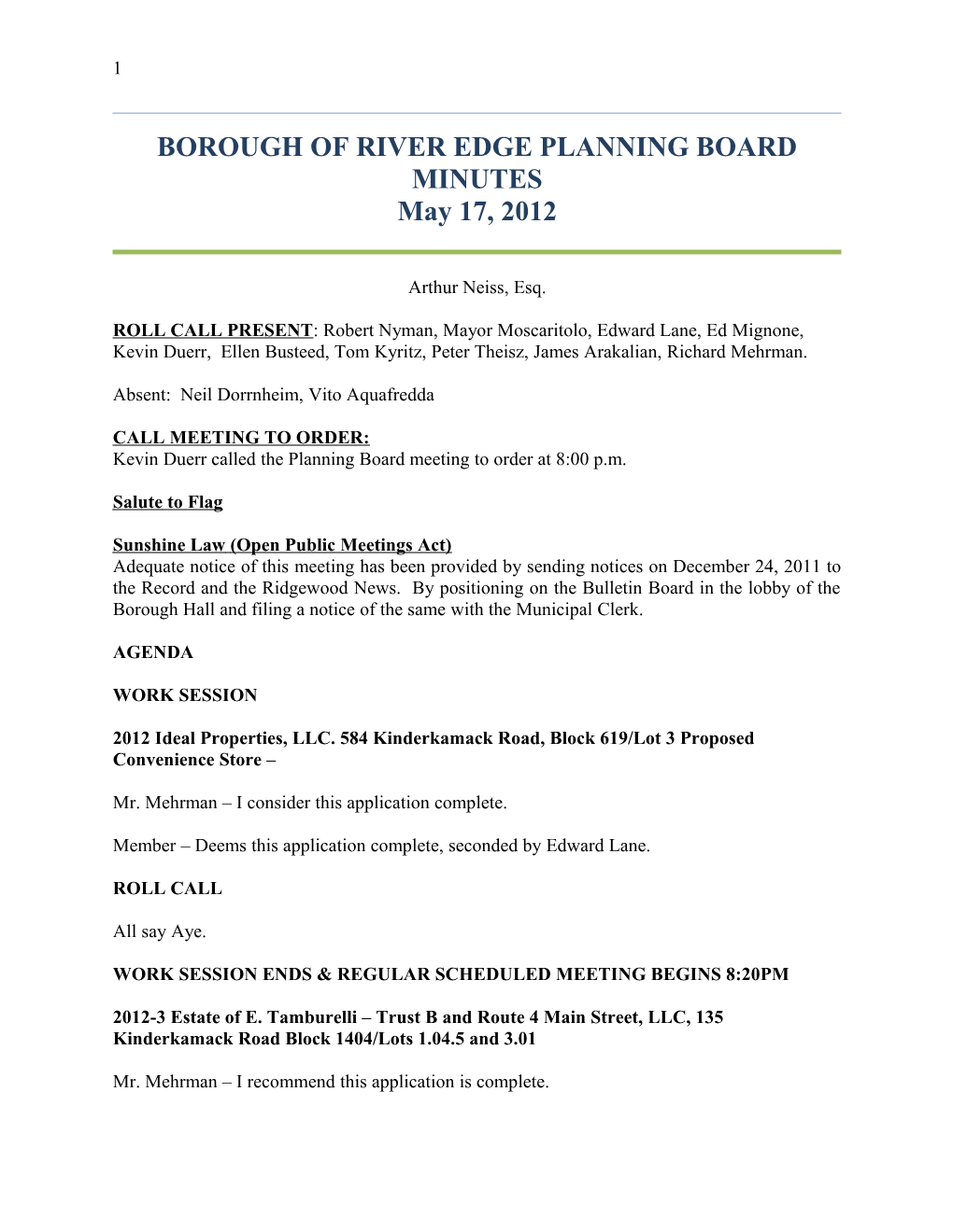 Borough of River Edge Planning Board Minutes