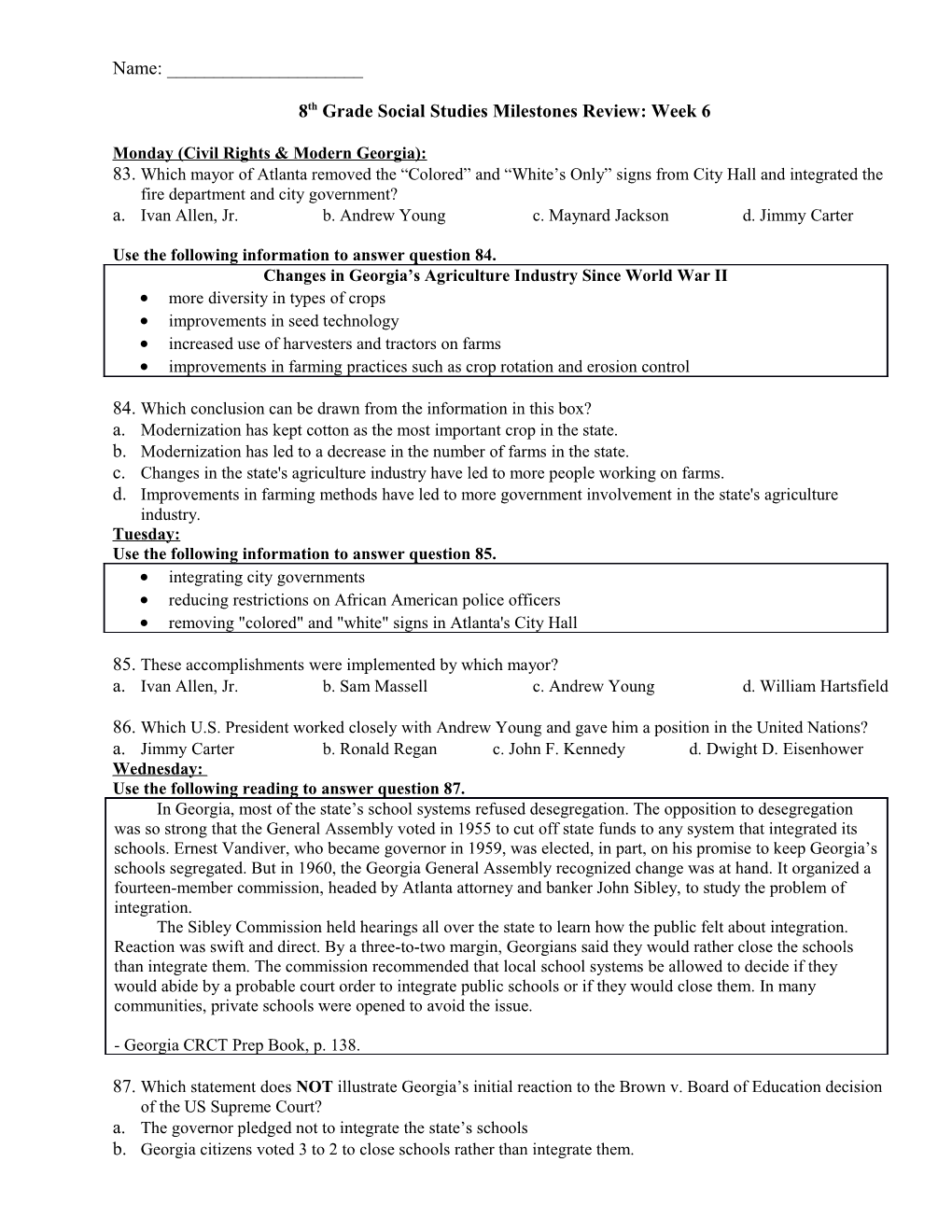 8Th Grade Social Studies Milestones Review: Week 6