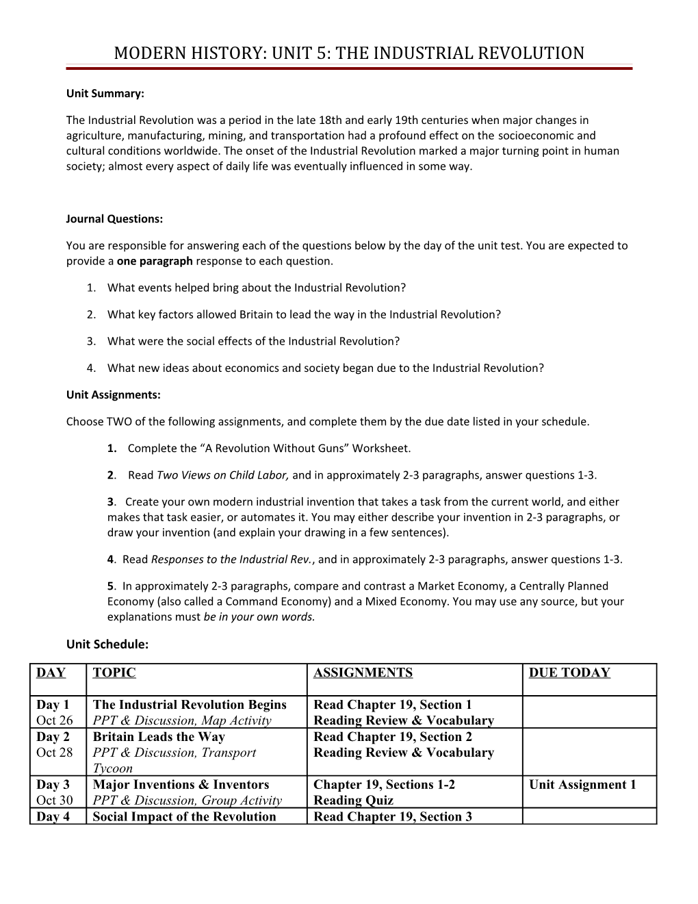 Modern History: Unit 5: the Industrial Revolution