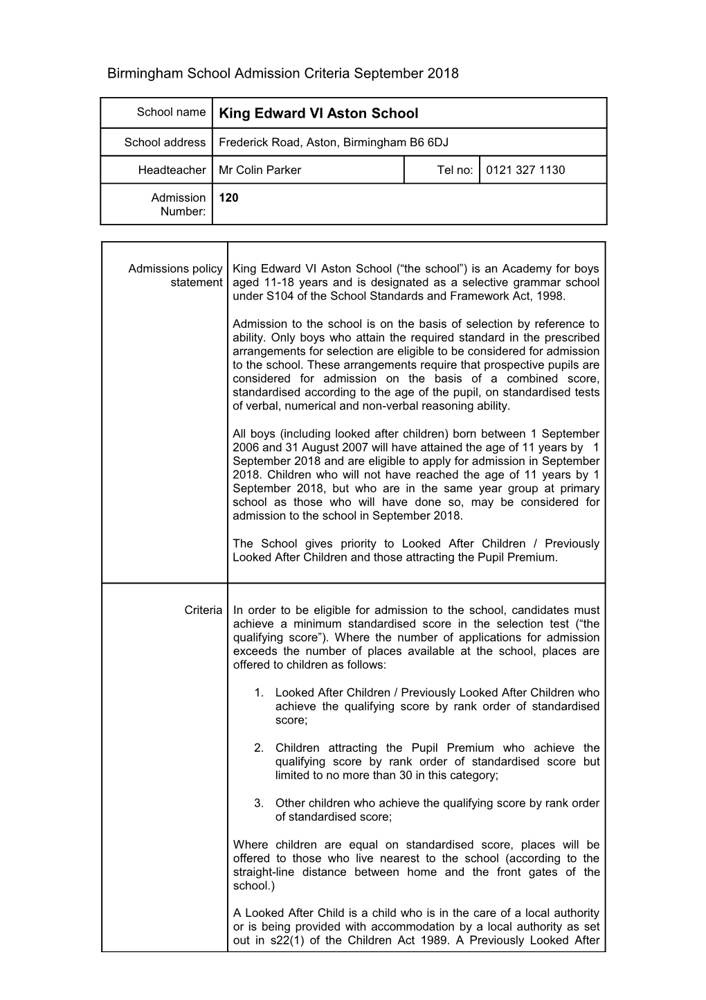 Birmingham School Admission Criteria September 2009