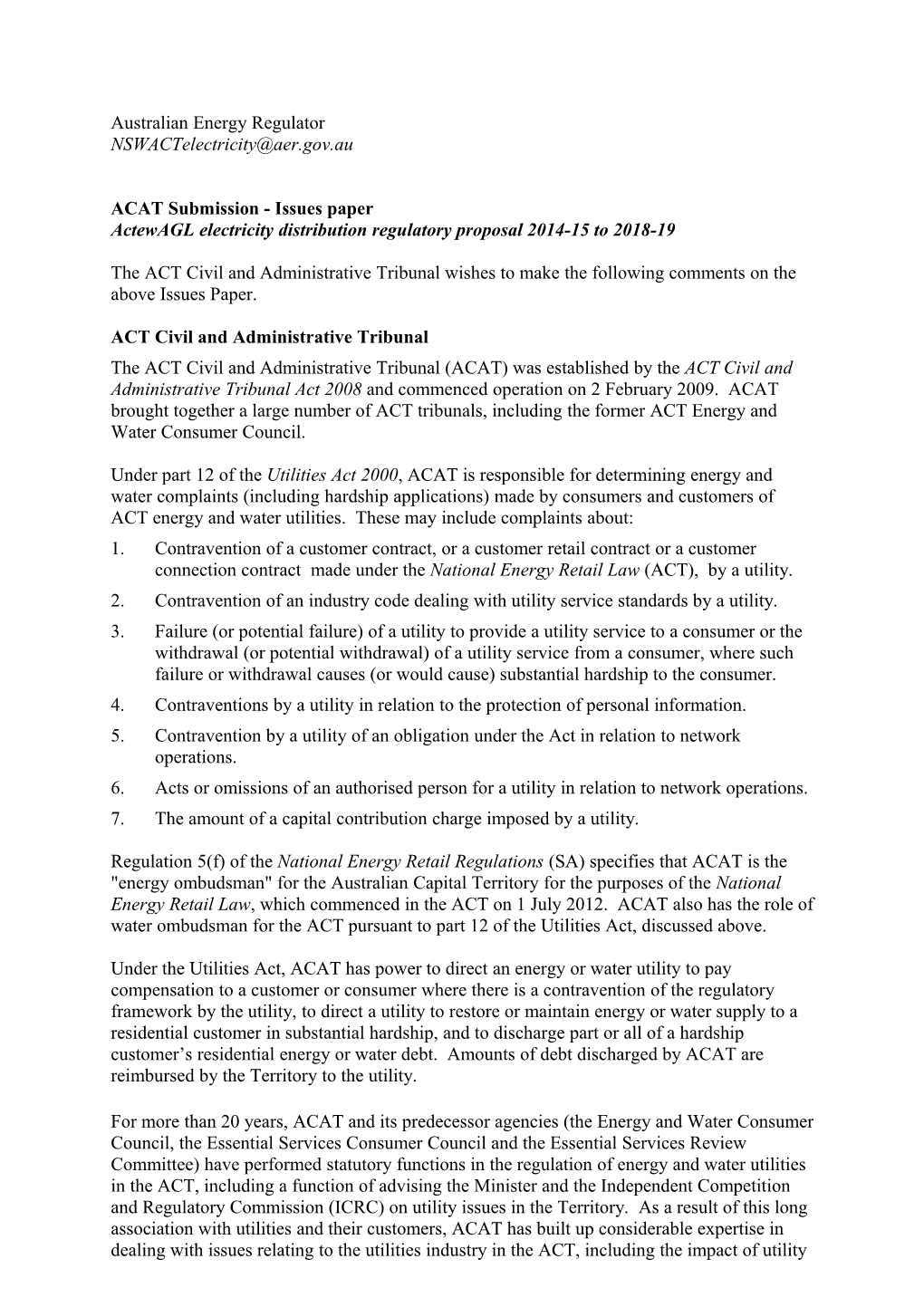 ACAT Submission - Issues Paper