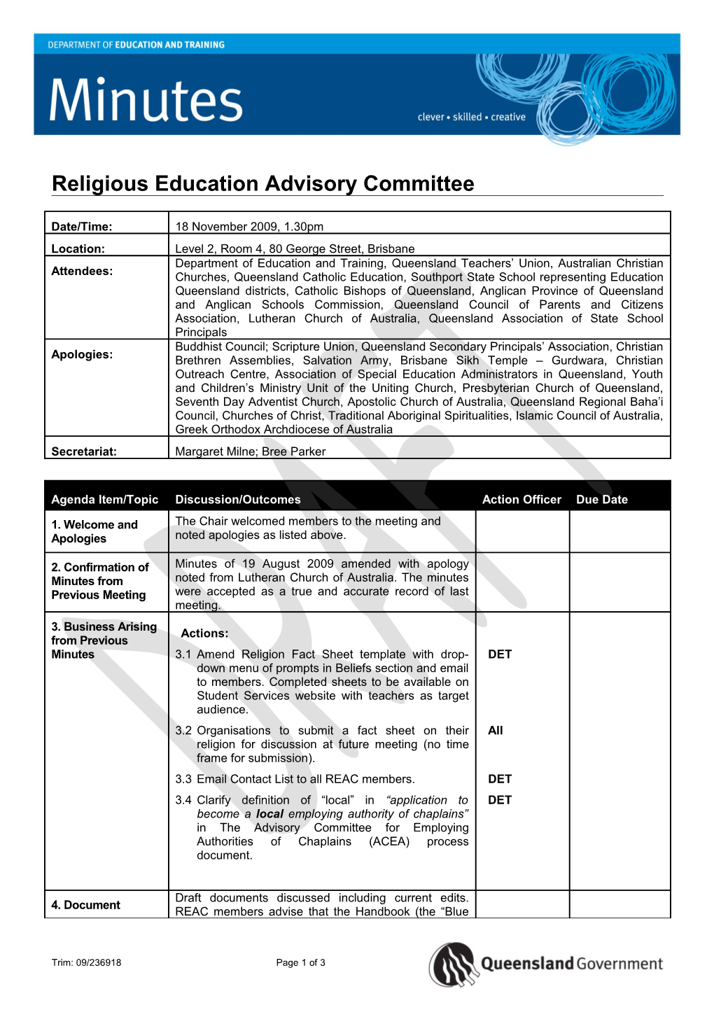 Religious Education Advisory Committee Insert Official (Not Abbreviated) Name of Committee