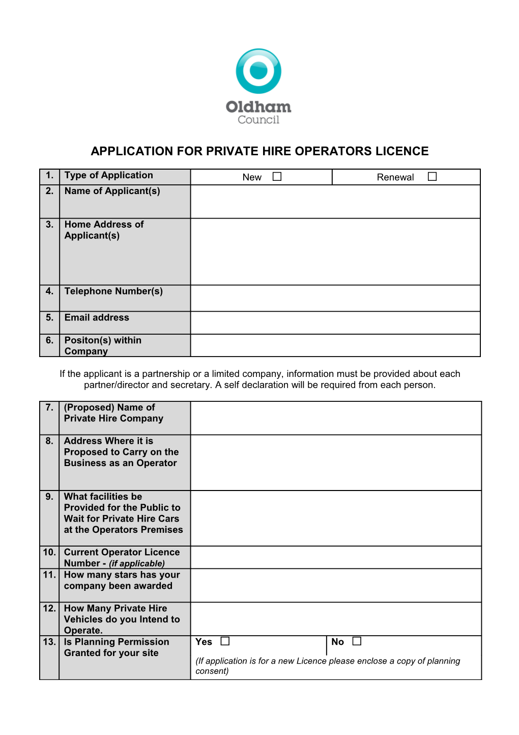 Application for Private Hireoperators Licence