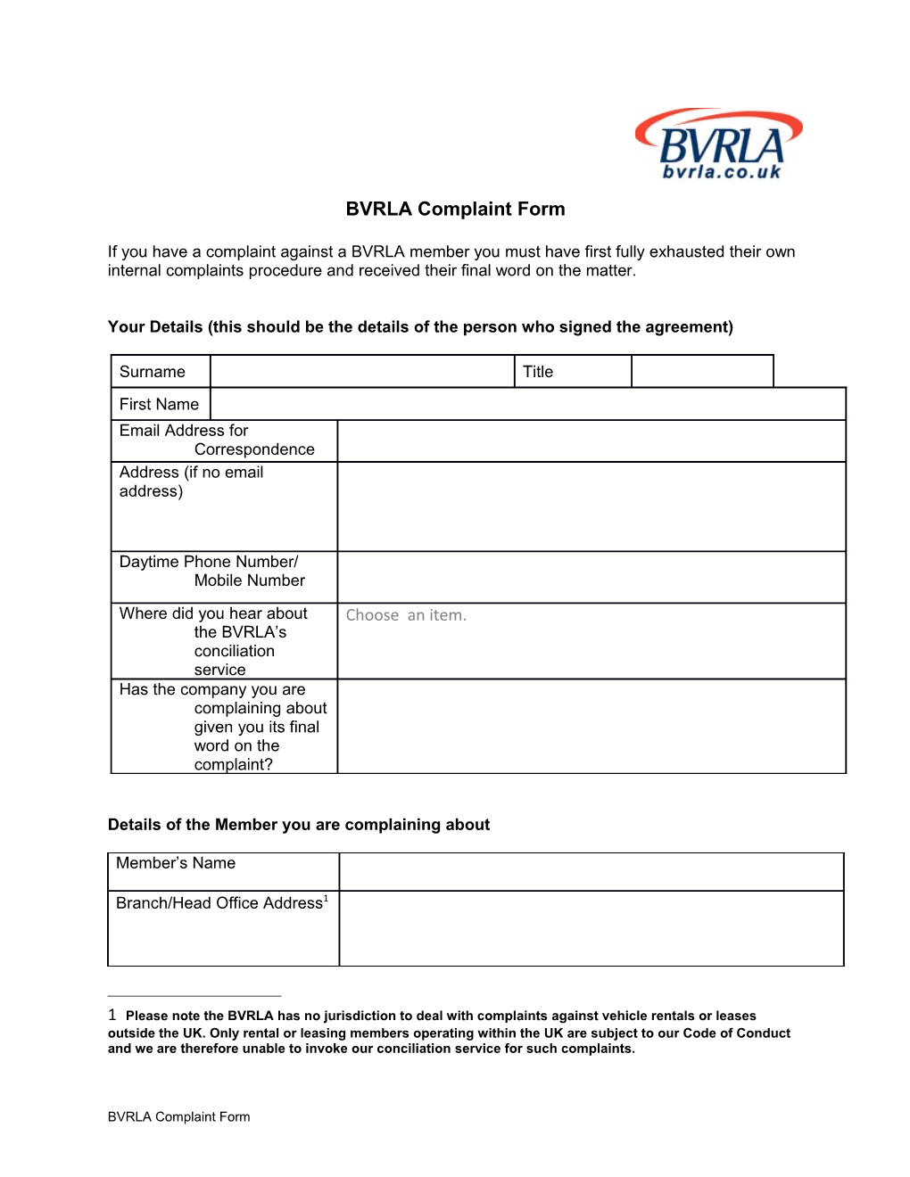 BVRLA Complaint Form