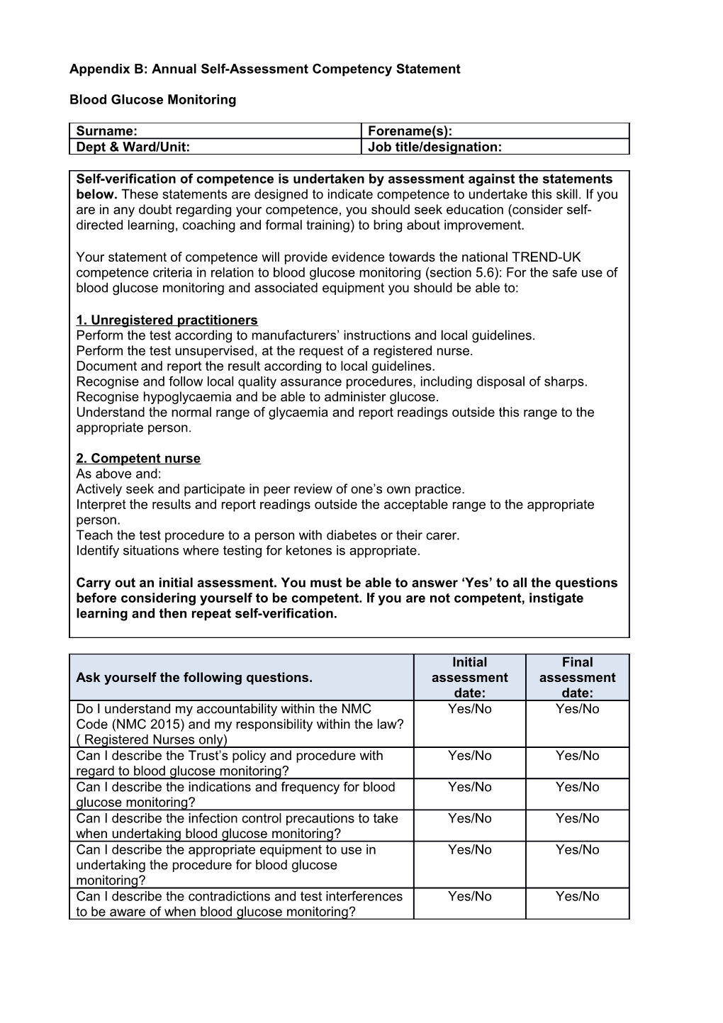 Appendix B: Annual Self-Assessment Competency Statement