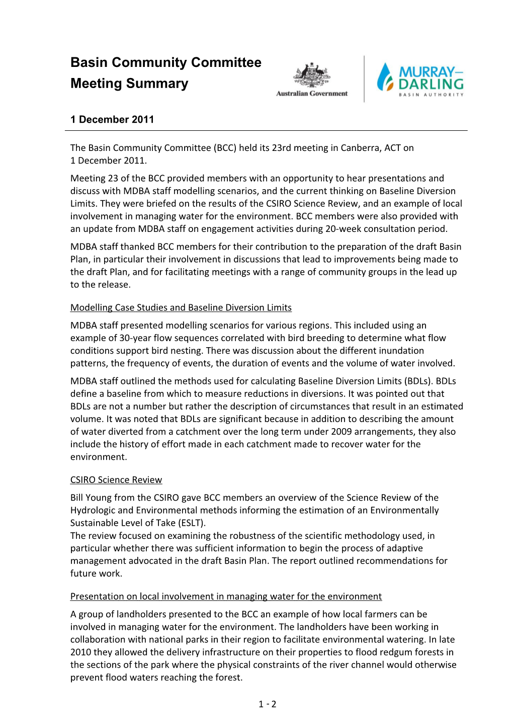 Basin Community Committee 23 Meeting Summary - 1 December 2011