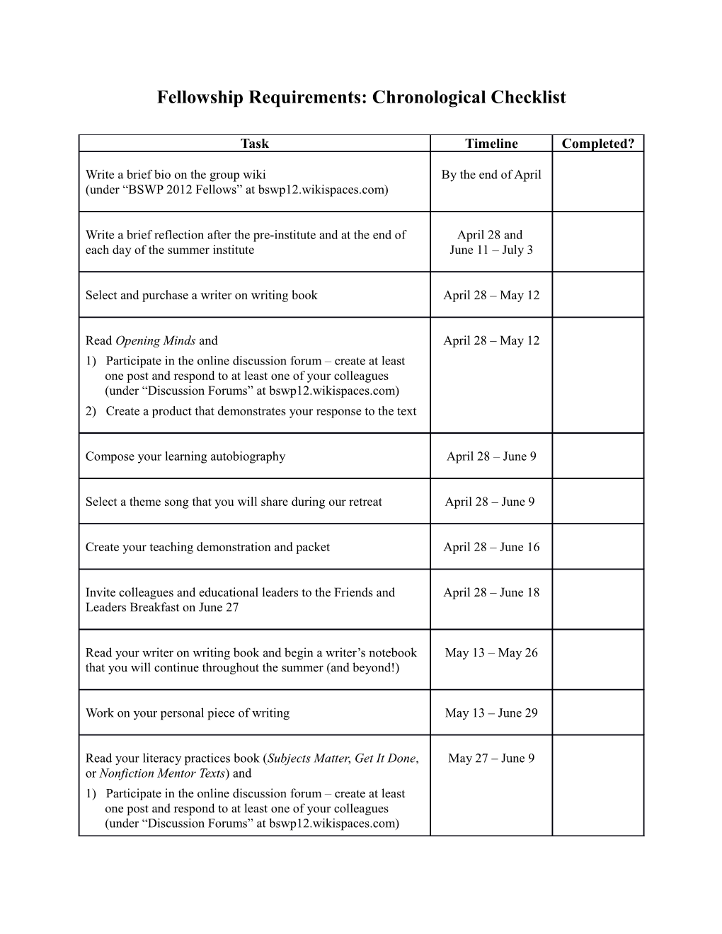 Fellowship Requirements: Chronological Checklist