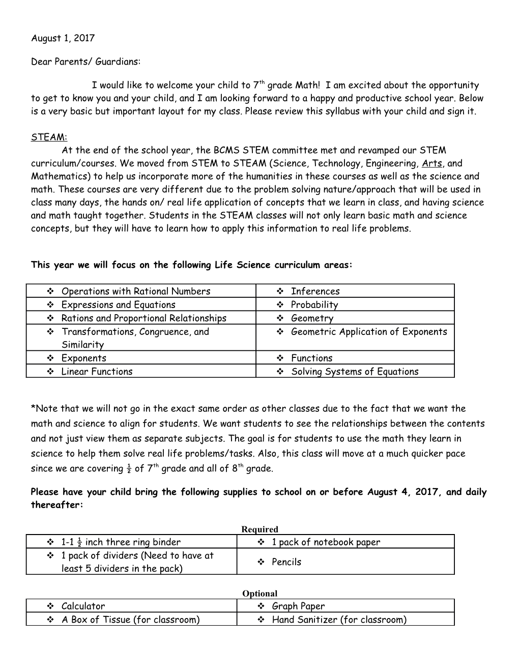 This Year We Will Focus on the Following Life Science Curriculum Areas