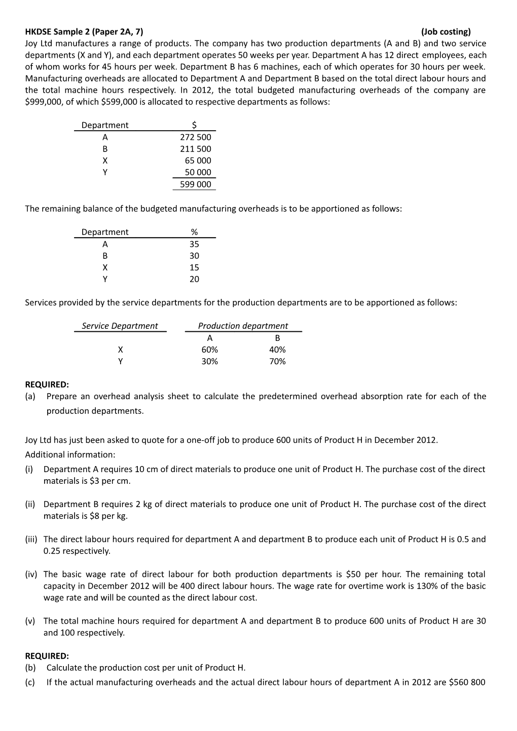 HKDSE Sample 2 (Paper 2A, 7) (Job Costing)