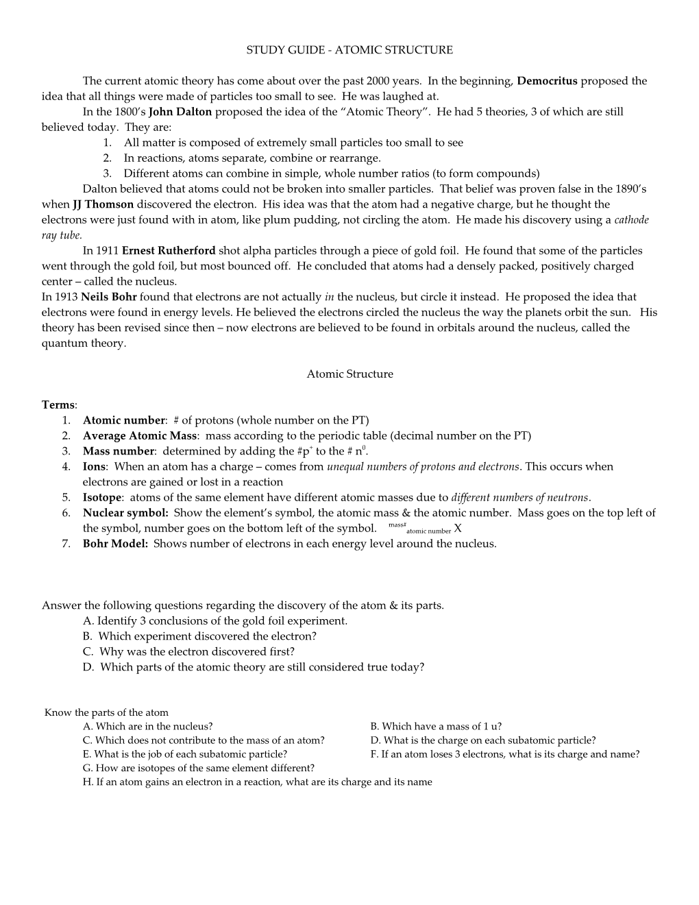 Study Guide - Atomic Srtucture/ Classification of Matter