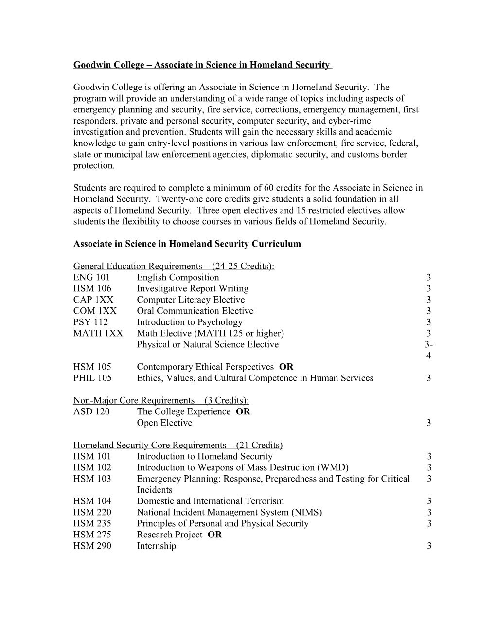 Goodwin College Associate in Science in Homeland Security