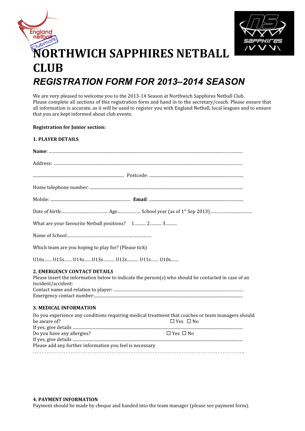 Junior Club Membership Form