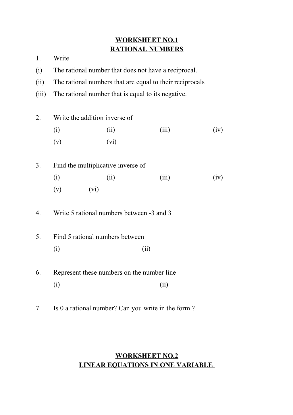 (I) the Rational Number That Does Not Have a Reciprocal