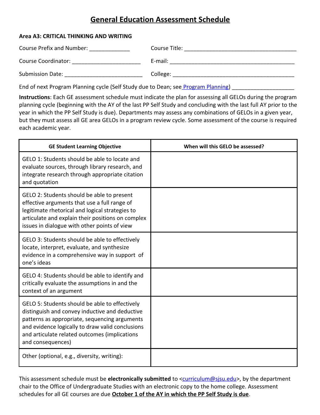 General Education Assessment Schedule