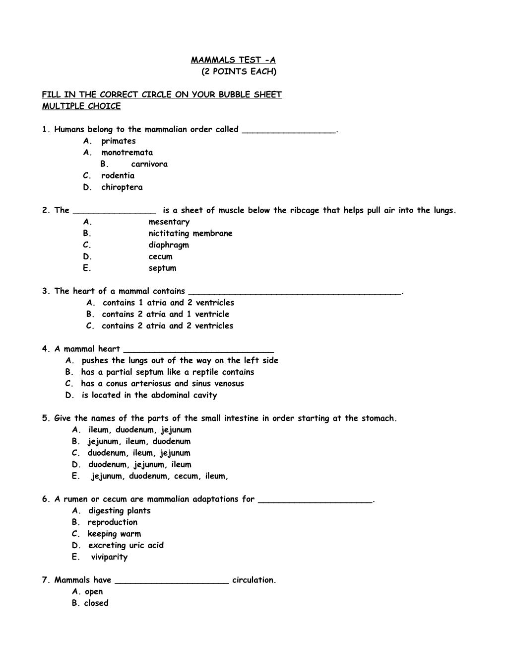 Fill in the Correct Circle on Your Bubble Sheet