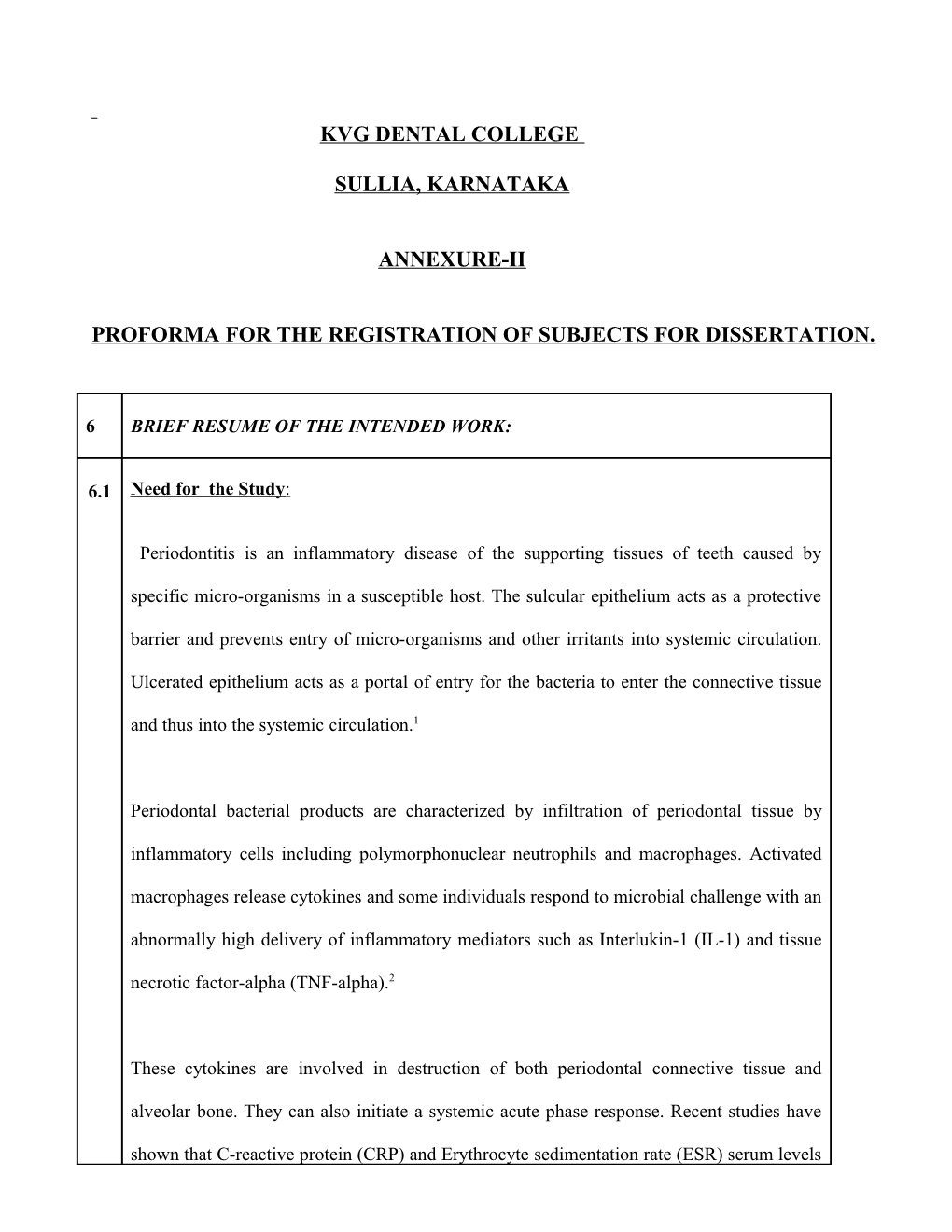 Proforma for the Registration of Subjects for Dissertation