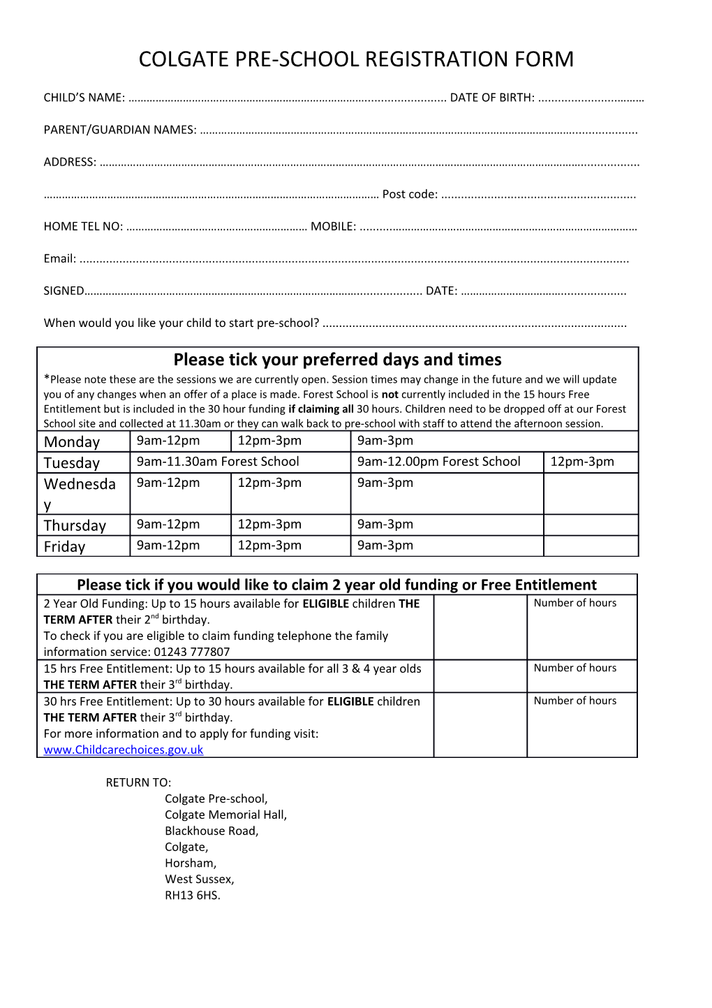 Colgate Pre-Schoolregistration Form