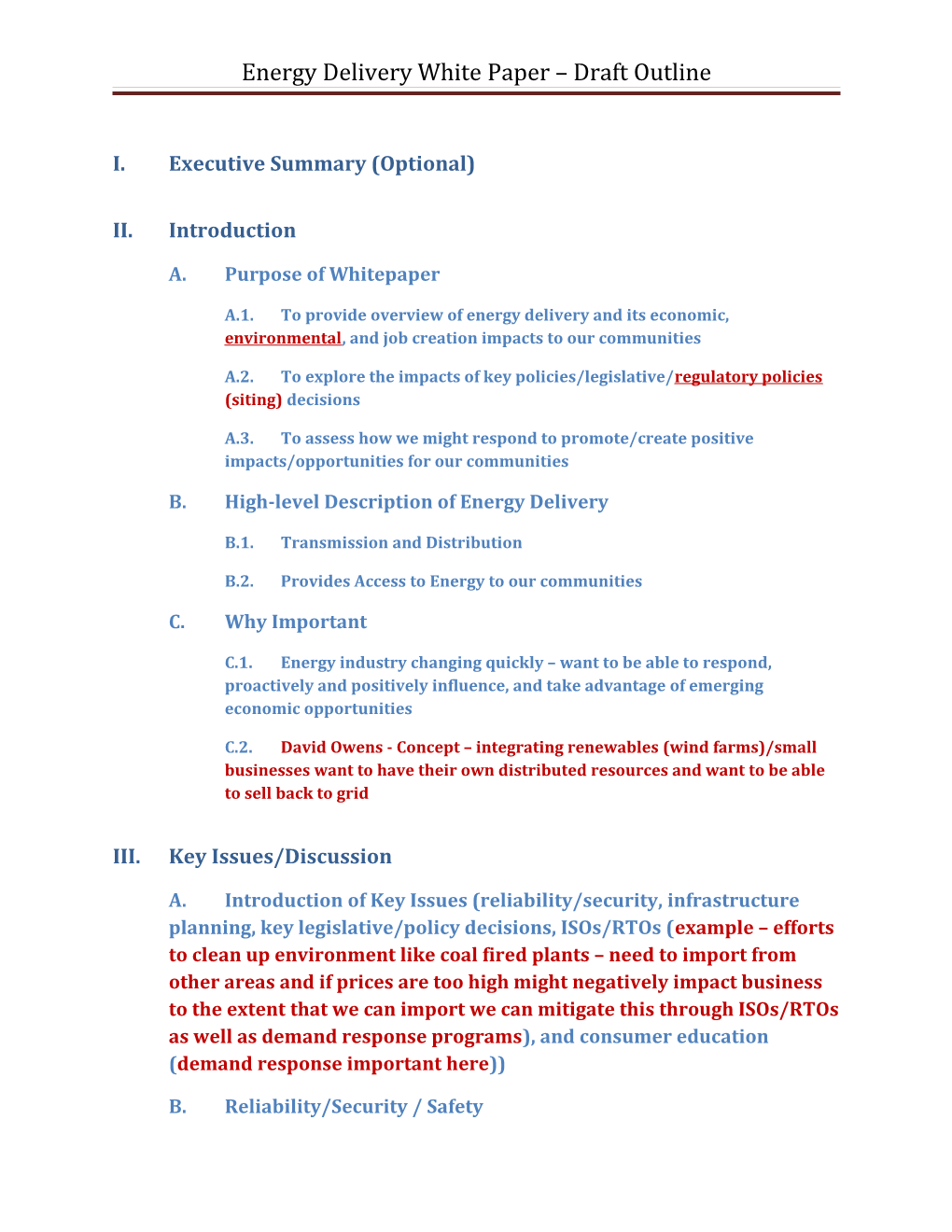 Energy Delivery White Paper Draft Outline