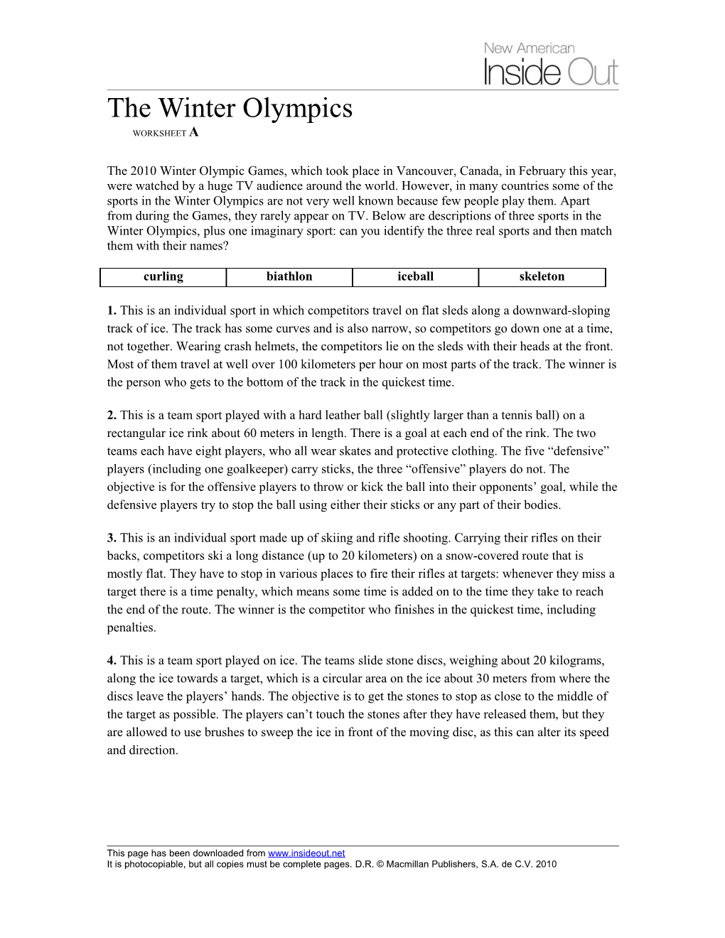 The Winter Olympics WORKSHEET A s1