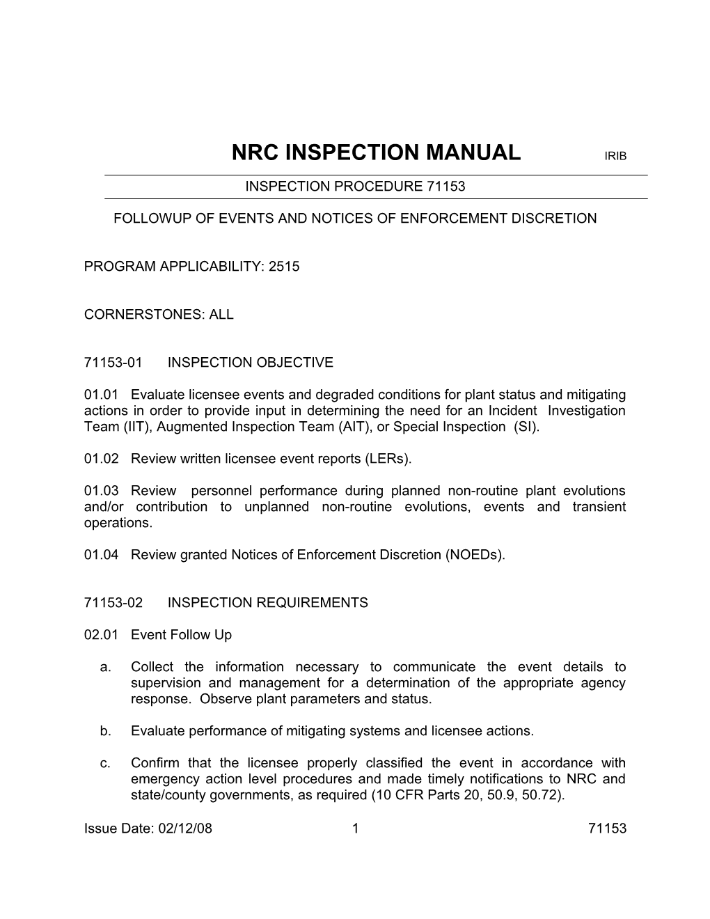 Nrc Inspection Manual Irib s1