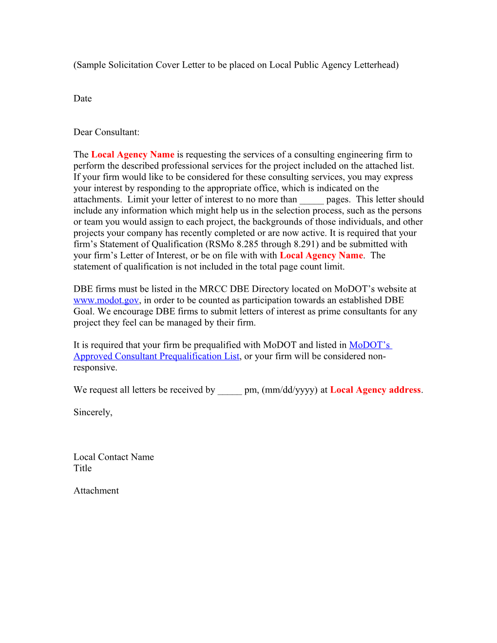 Sample Solicitation Cover Letter to Be Placed on Local Public Agency Letterhead