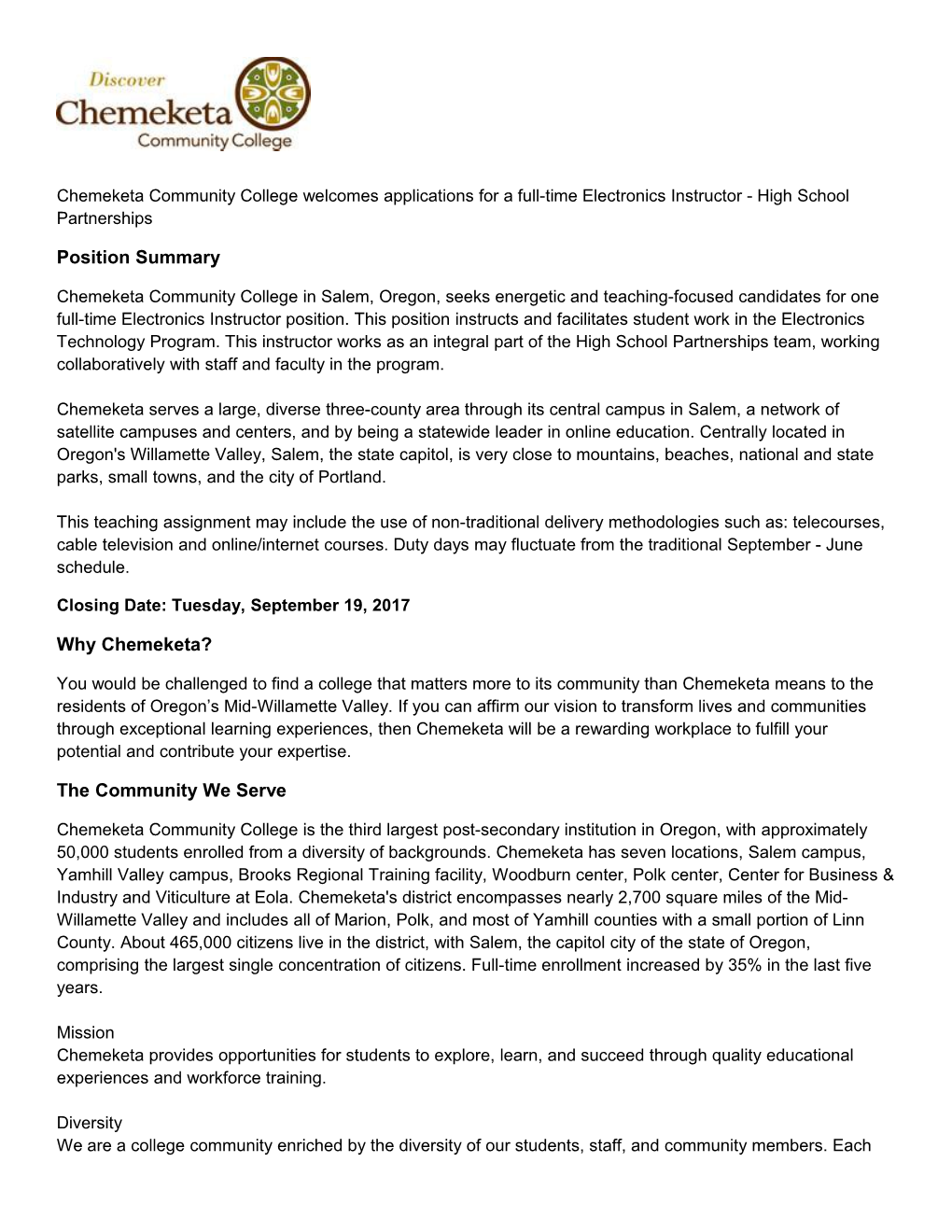 Chemeketa Community College Welcomes Applications for a Full-Timeelectronics Instructor