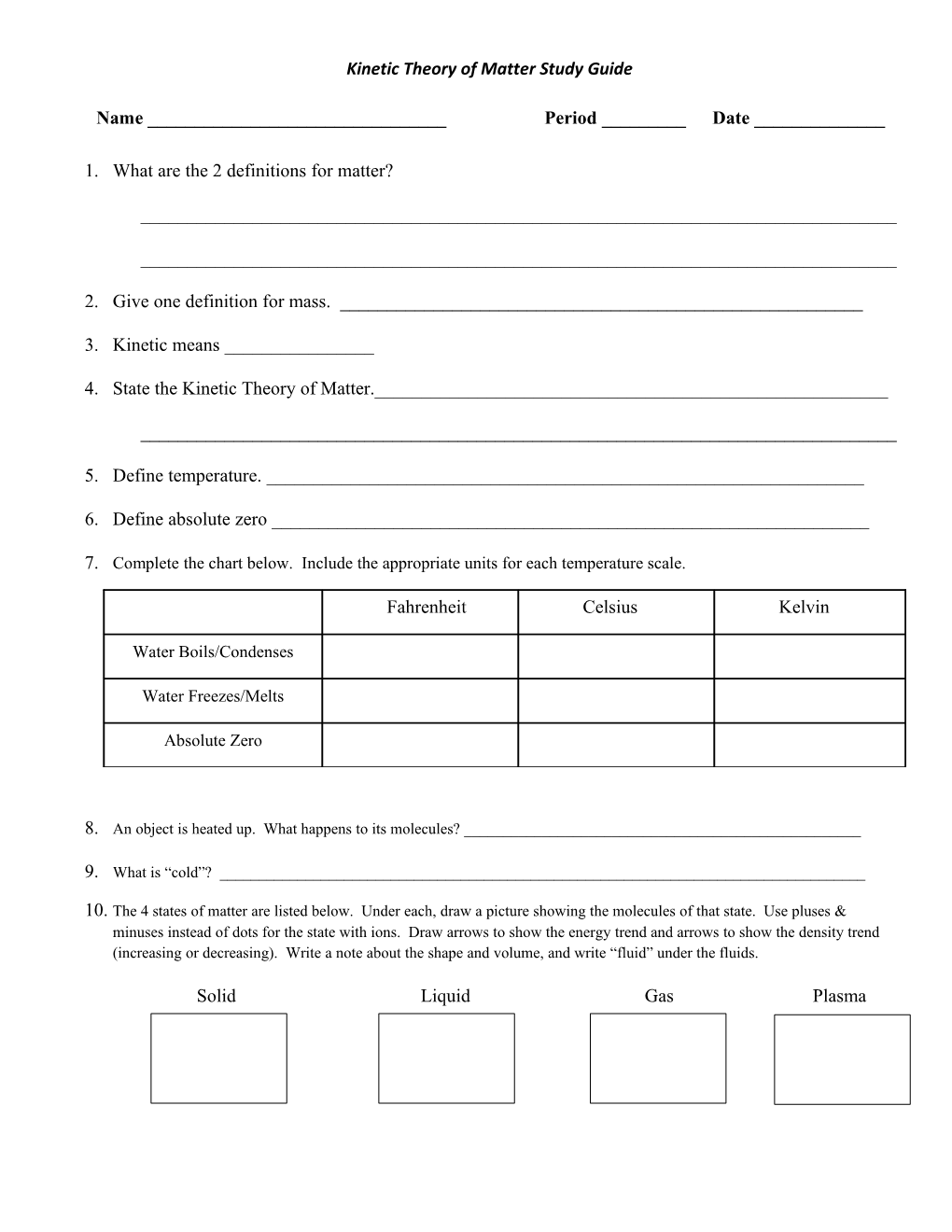 Kinetic Theory of Matter Study Guide