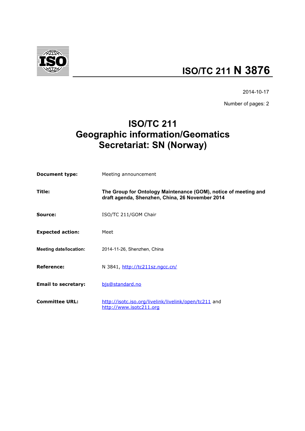 ISO/TC 211 - Notice of PMG Meeting and Draft Agenda