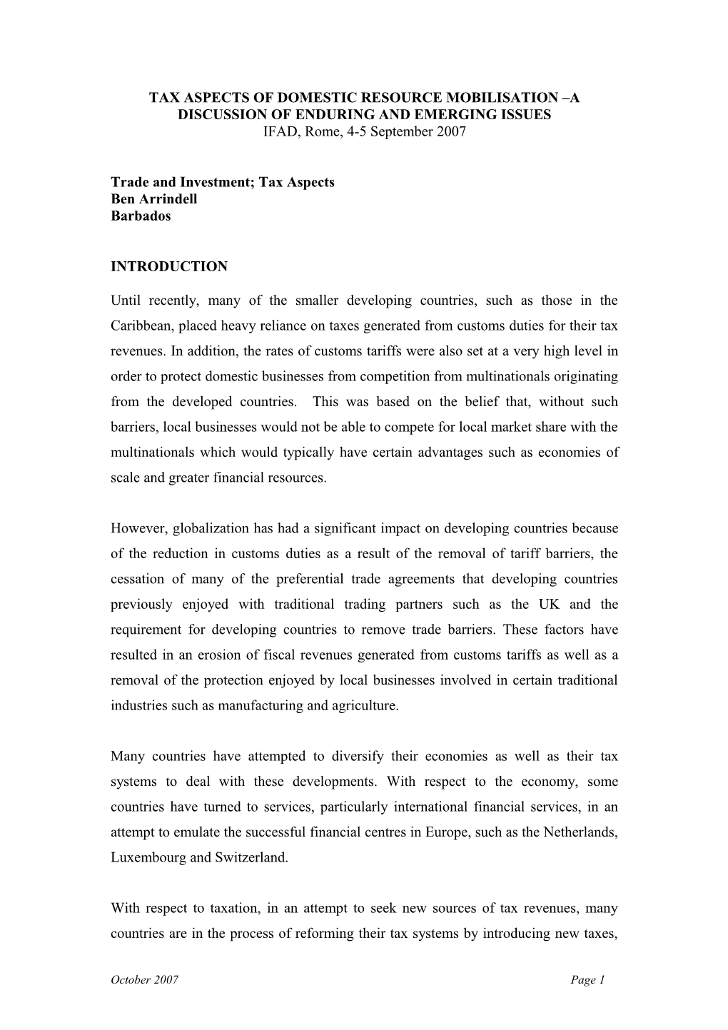 Tax Aspects of Domestic Resource Mobilisation a Discussion of Enduring and Emerging Issues