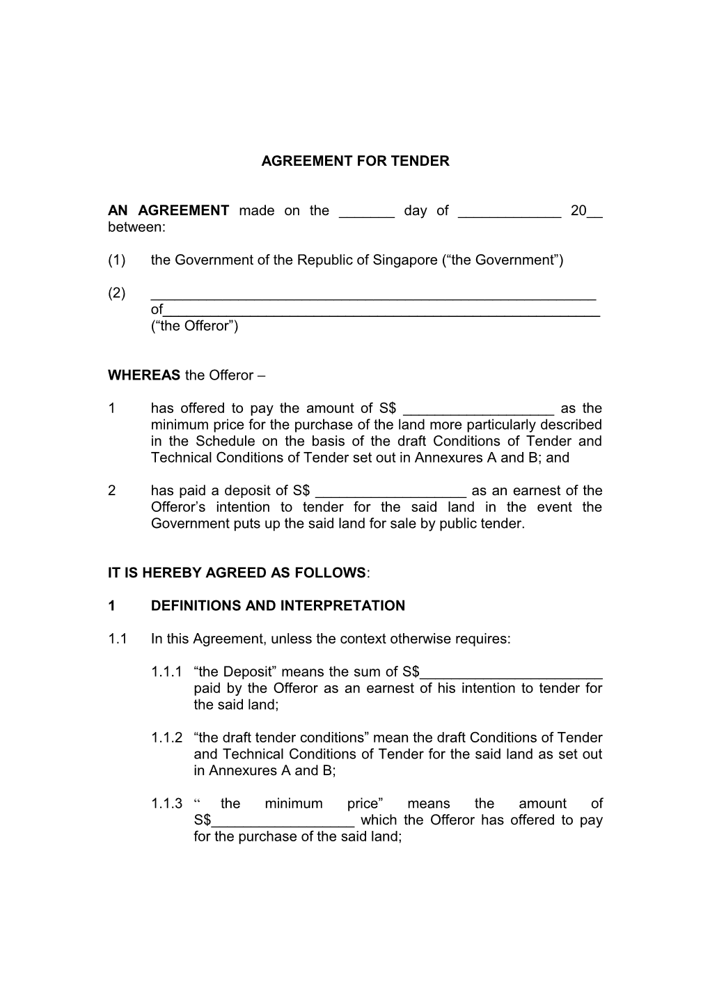 Agreement for Tender