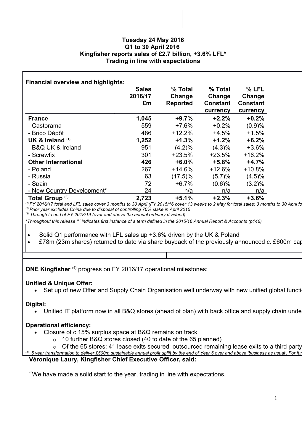 Kingfisher Reports Sales of 2.7 Billion, +3.6% LFL*