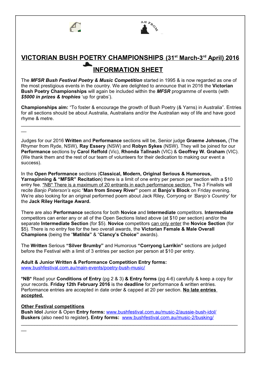 VICTORIAN BUSH POETRY CHAMPIONSHIPS (31St March-3Rd April) 2016
