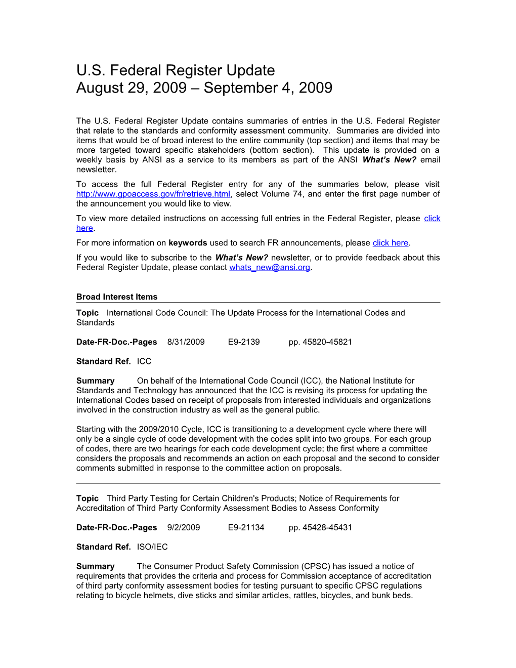 Standards and Trade Related Notices from the U.S. Federal Register, 9.04.09