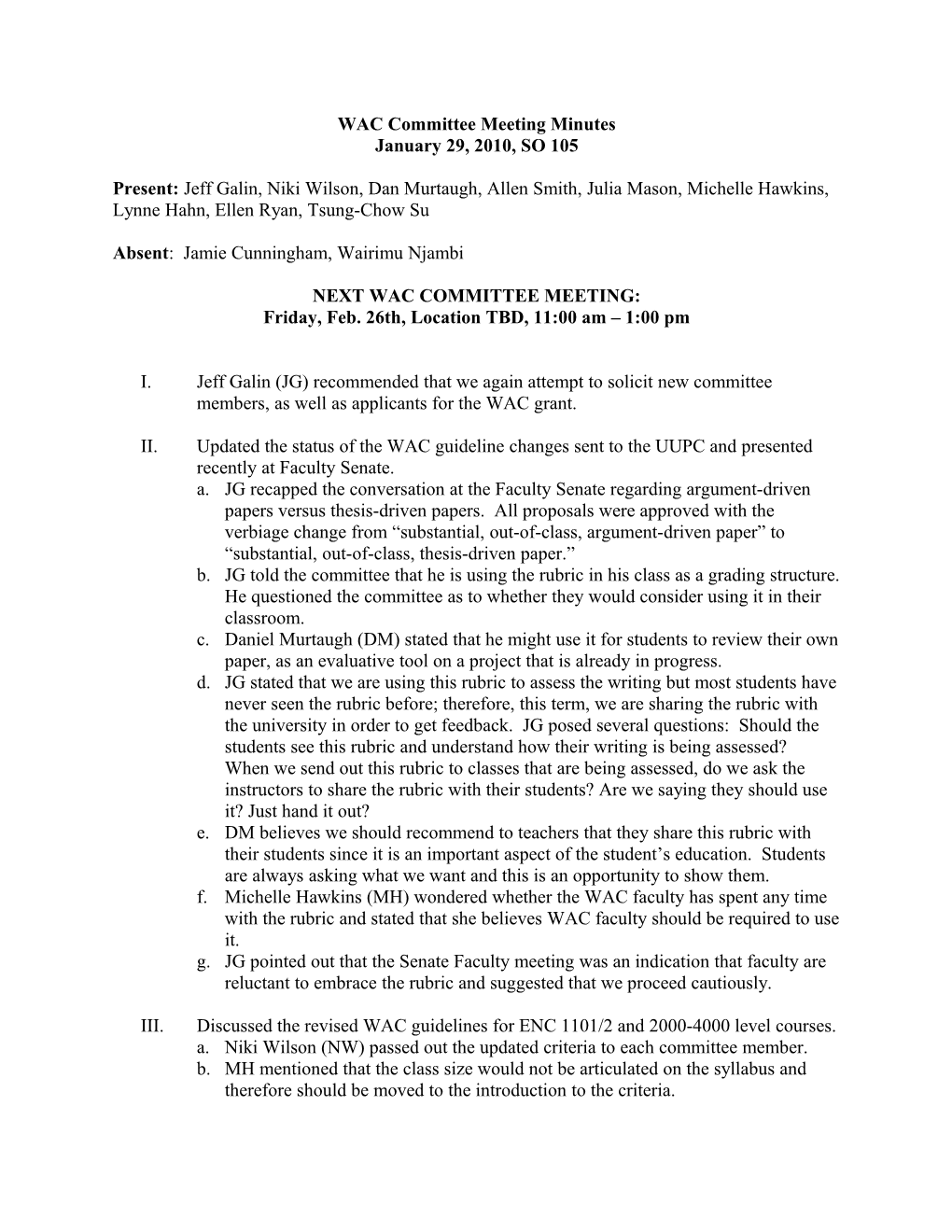 WAC Committee Meeting Minutes 10/24/08