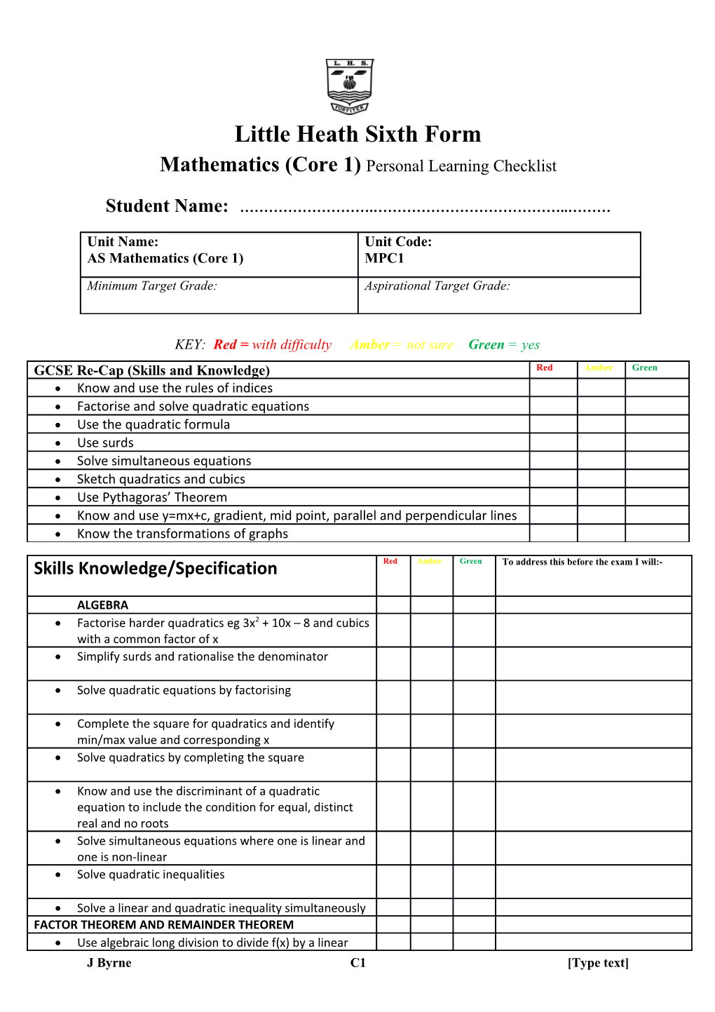 Mathematics (Core 1) Personal Learning Checklist