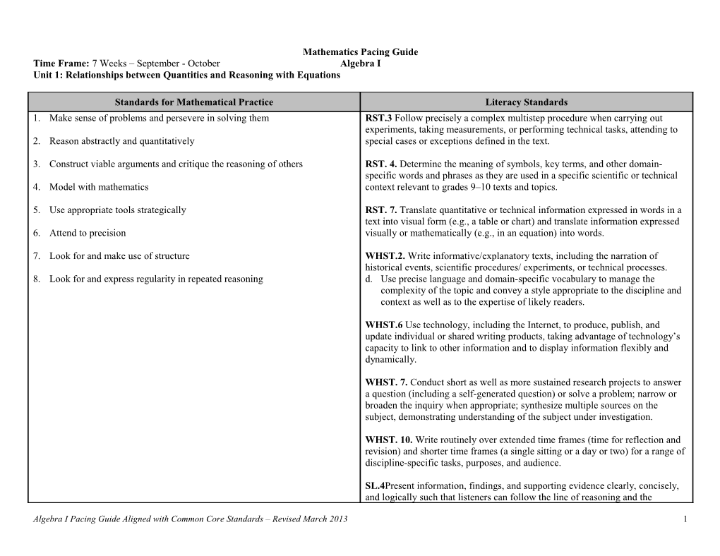 Unit 1: Relationships Between Quantities and Reasoning with Equations