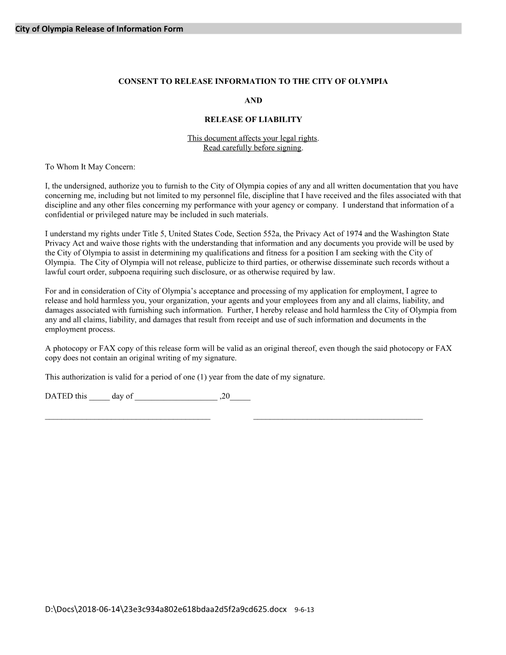 City of Olympia Release of Information Form