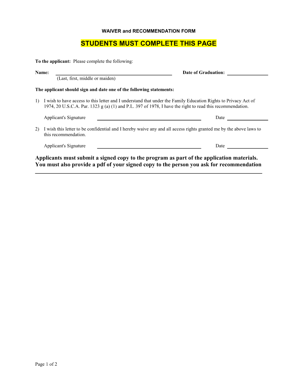 WAIVER and RECOMMENDATION FORM