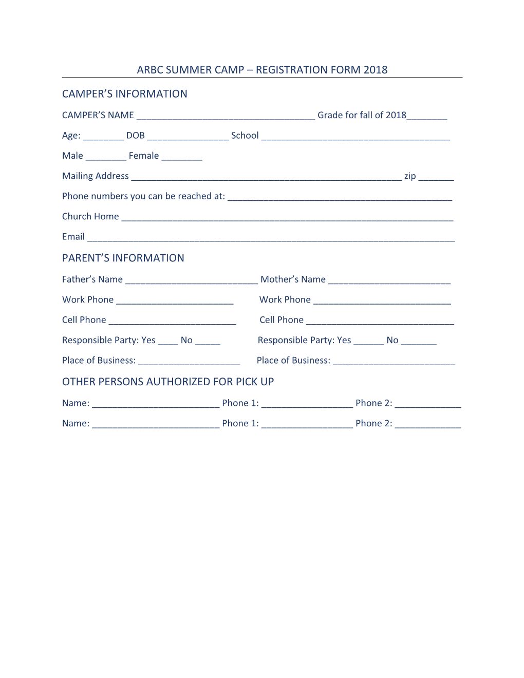 Arbc Summer Camp Registration Form 2018