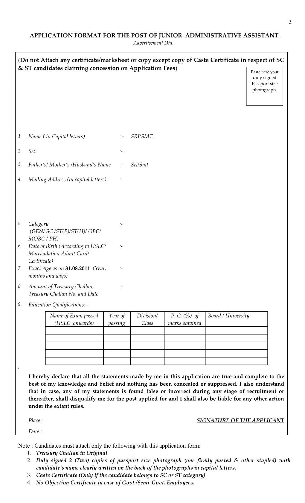Application Format for the Post of Junior Administrative Assistant